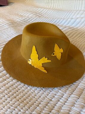 Womens Mustard Felt Wide-Brim Hat with Yellow Bird Accents